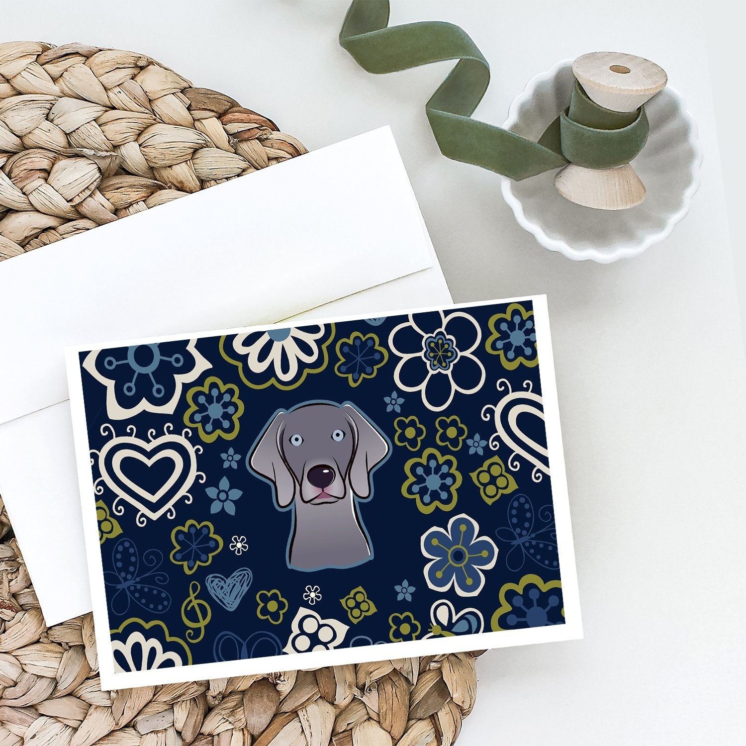 Blue Flowers Weimaraner Greeting Cards Pack of 8 Blank Cards with Envelopes Whimsical A7 Size 5x7