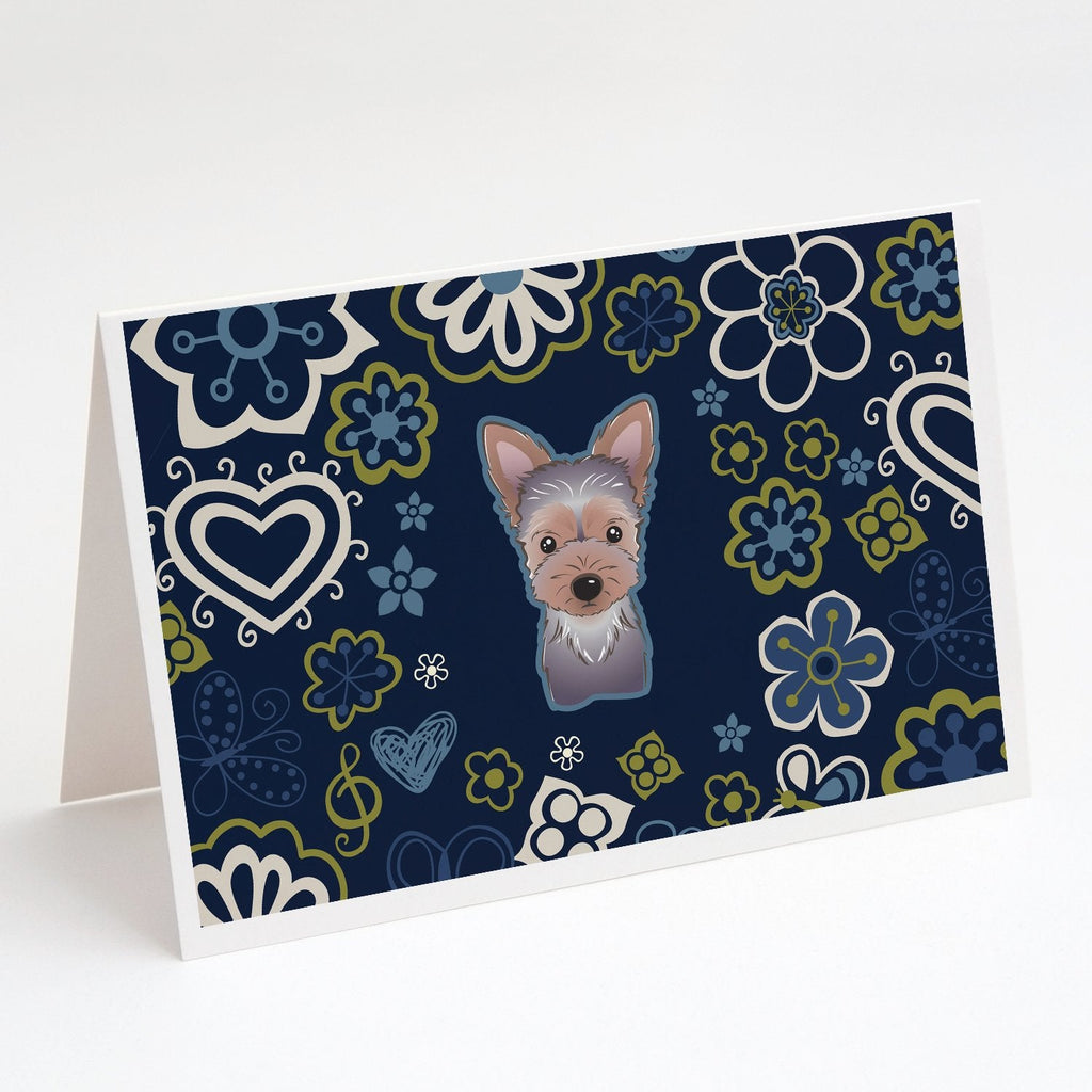 Blue Flowers Yorkie Puppy Greeting Cards Pack of 8 Blank Cards with Envelopes Whimsical A7 Size 5x7