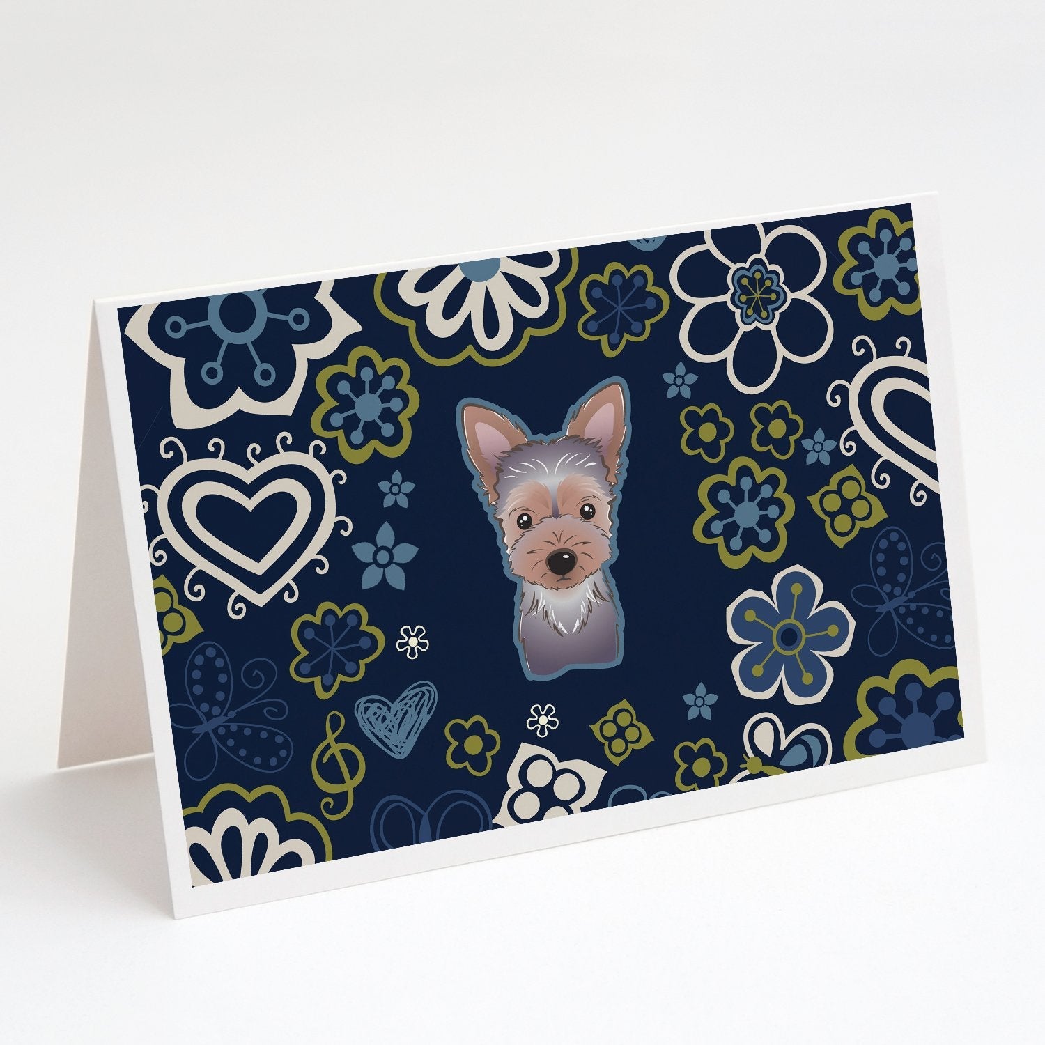 Blue Flowers Yorkie Puppy Greeting Cards Pack of 8 Blank Cards with Envelopes Whimsical A7 Size 5x7