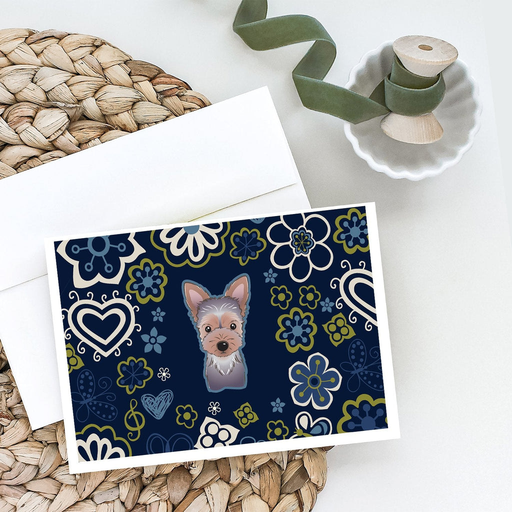 Blue Flowers Yorkie Puppy Greeting Cards Pack of 8 Blank Cards with Envelopes Whimsical A7 Size 5x7