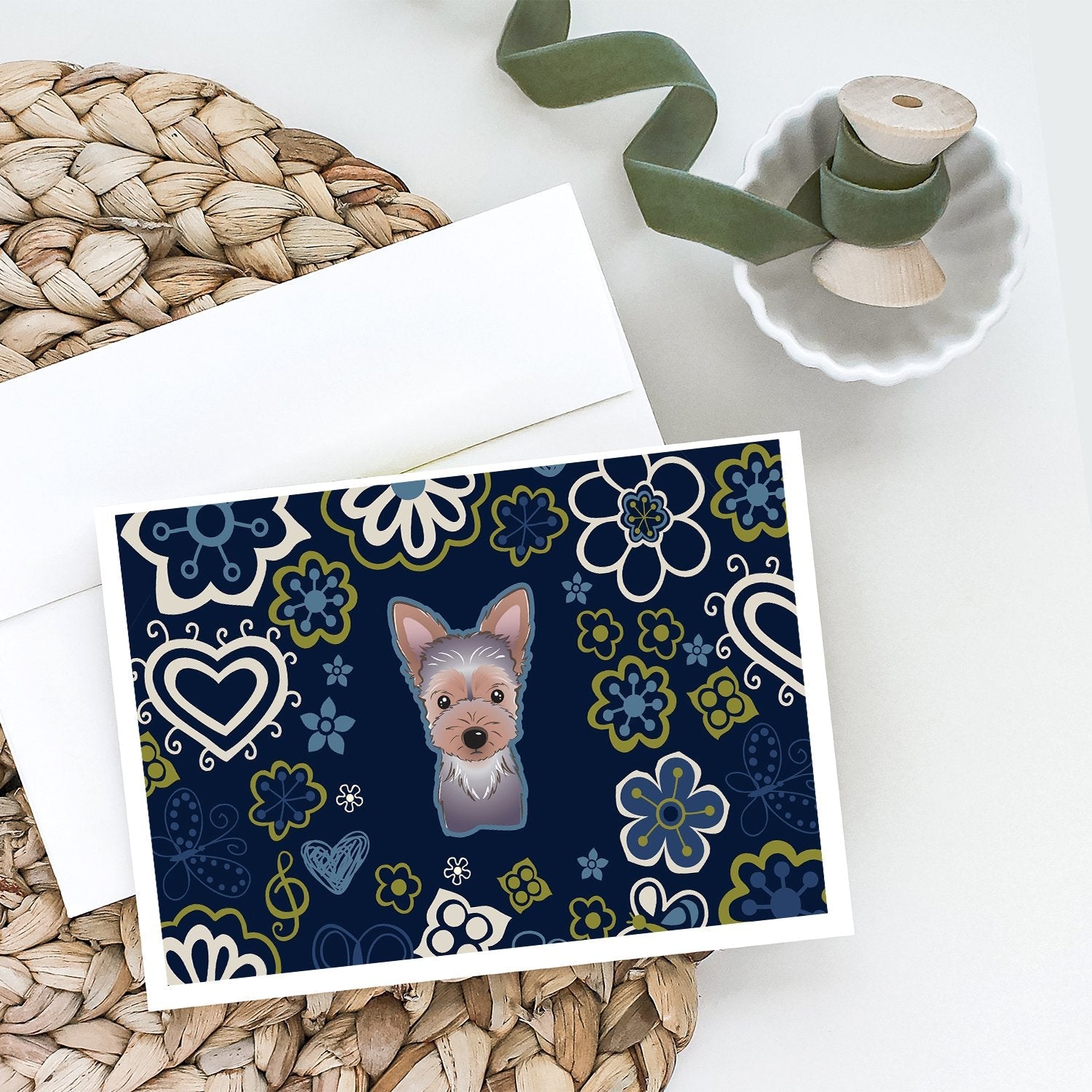 Blue Flowers Yorkie Puppy Greeting Cards Pack of 8 Blank Cards with Envelopes Whimsical A7 Size 5x7