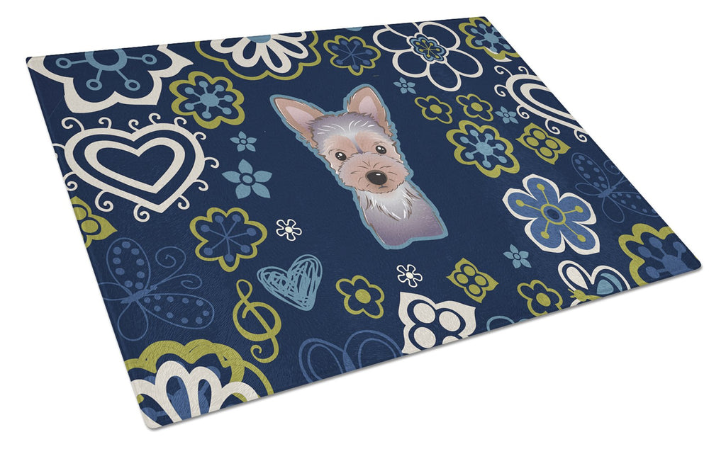 Blue Flowers Yorkie Puppy Cutting Board Tempered Glass Kitchen Cutting Surface, Heat Resistant Chopping, Non-Slip Feet, Food Prep & Serving