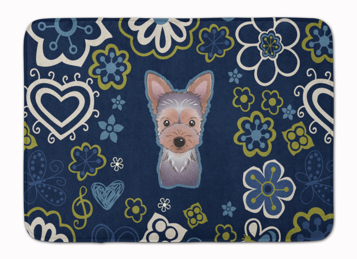 Blue Flowers Yorkie Puppy Memory Foam Kitchen Mat Machine Washable Anti-Fatigue Cushion Comfort Bath or Kitchen Rug