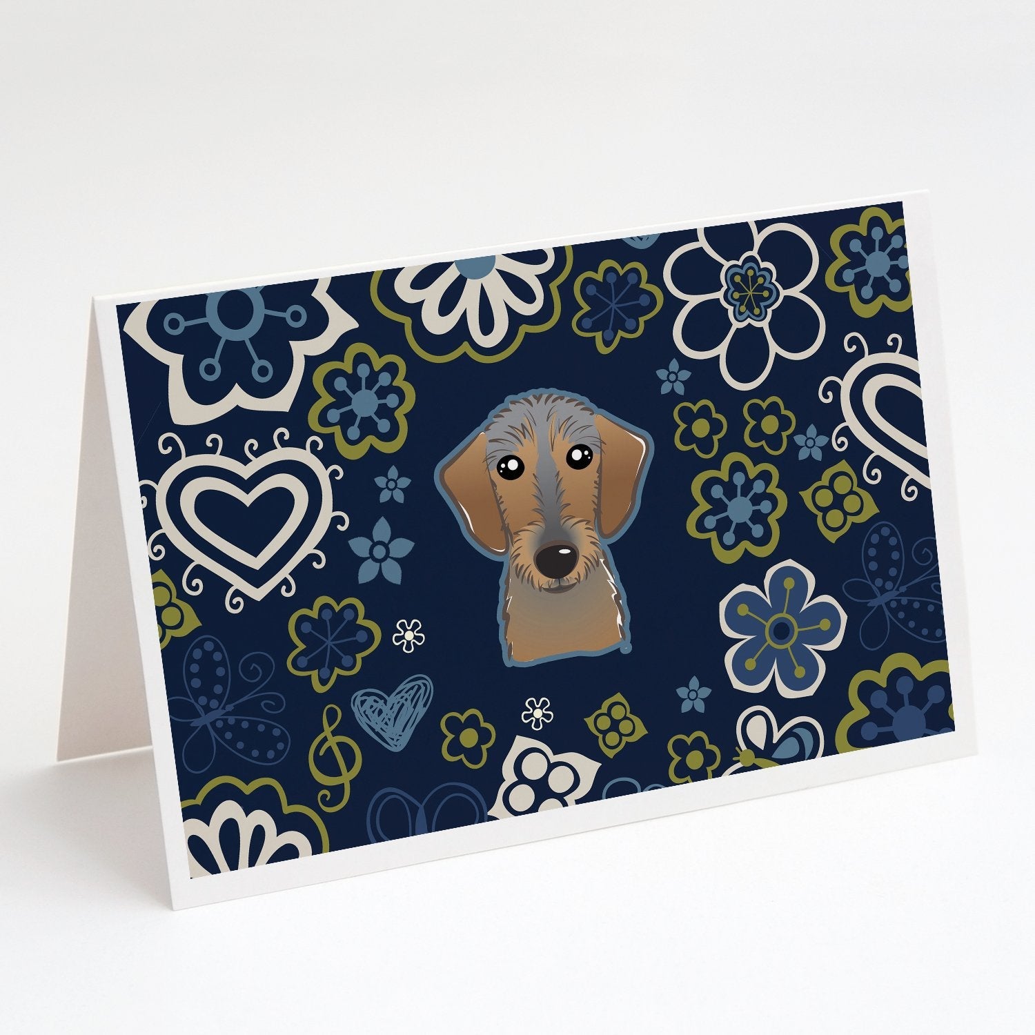 Blue Flowers Wirehaired Dachshund Greeting Cards Pack of 8 Blank Cards with Envelopes Whimsical A7 Size 5x7