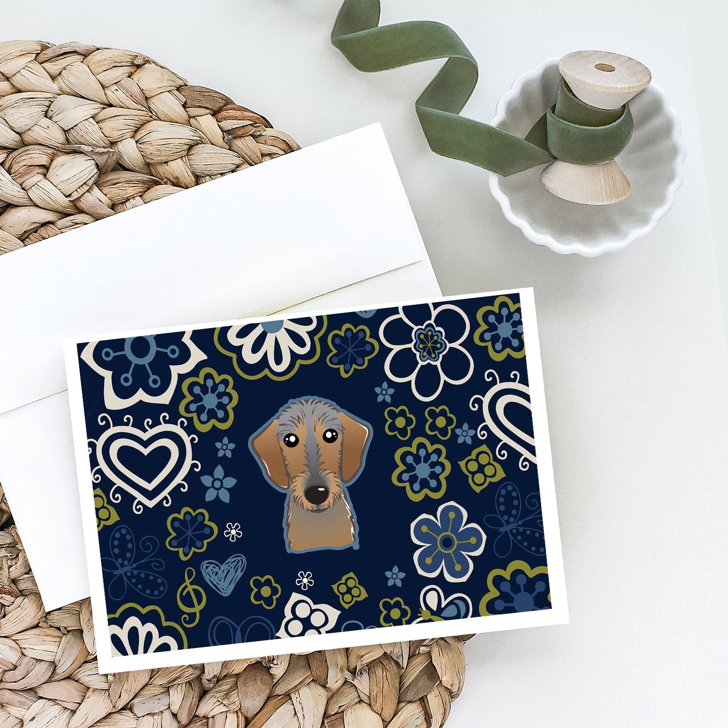 Blue Flowers Wirehaired Dachshund Greeting Cards Pack of 8 Blank Cards with Envelopes Whimsical A7 Size 5x7