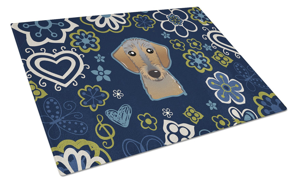Blue Flowers Wirehaired Dachshund Cutting Board Tempered Glass Kitchen Cutting Surface, Heat Resistant Chopping, Non-Slip Feet, Food Prep & Serving