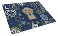 Blue Flowers Wirehaired Dachshund Cutting Board Tempered Glass Kitchen Cutting Surface, Heat Resistant Chopping, Non-Slip Feet, Food Prep & Serving