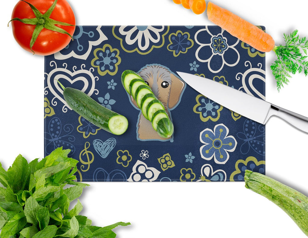 Blue Flowers Wirehaired Dachshund Cutting Board Tempered Glass Kitchen Cutting Surface, Heat Resistant Chopping, Non-Slip Feet, Food Prep & Serving