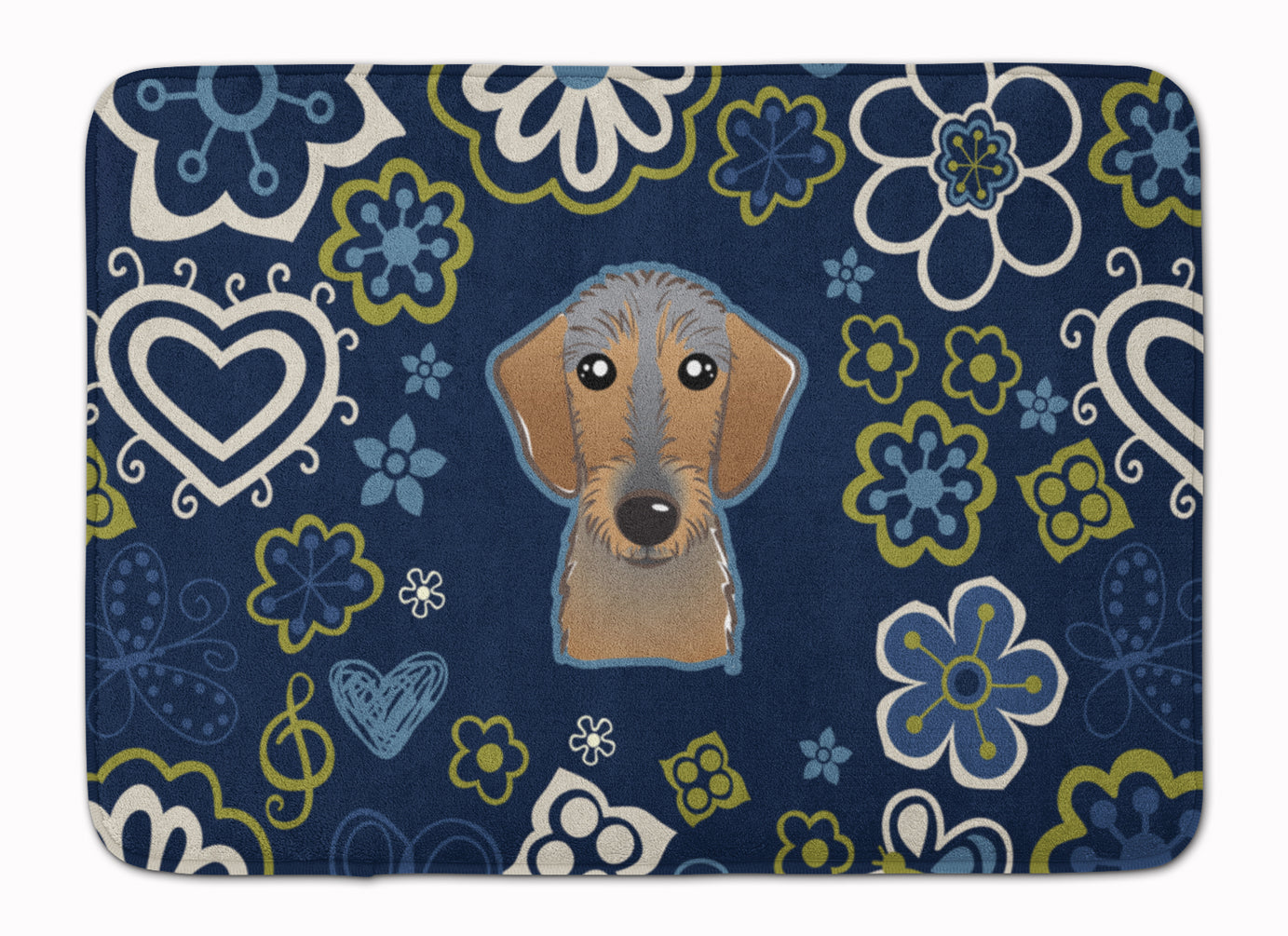Blue Flowers Wirehaired Dachshund Memory Foam Kitchen Mat Machine Washable Anti-Fatigue Cushion Comfort Bath or Kitchen Rug