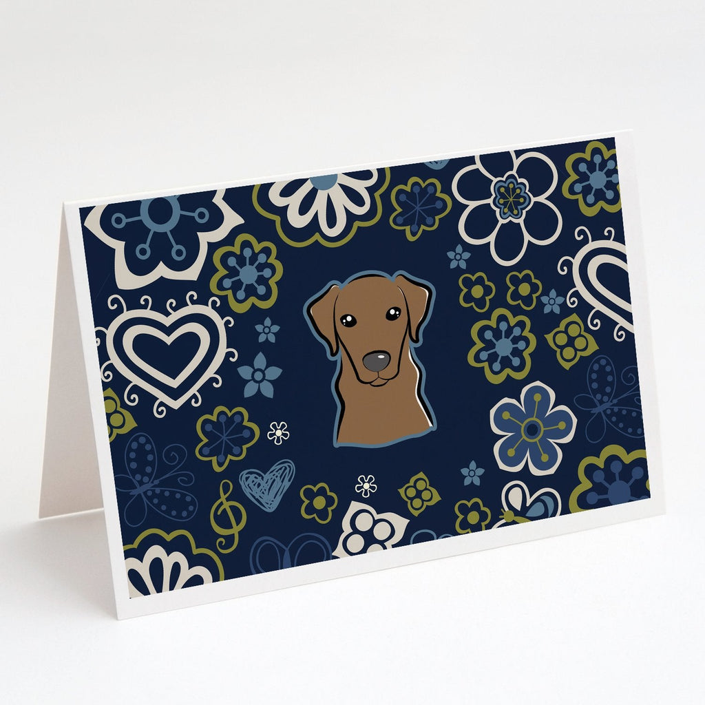 Blue Flowers Chocolate Labrador Greeting Cards Pack of 8 Blank Cards with Envelopes Whimsical A7 Size 5x7