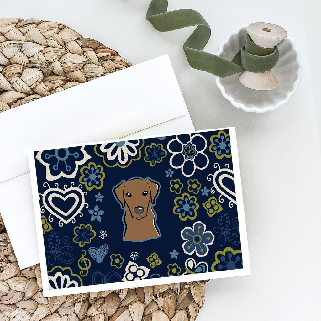 Blue Flowers Chocolate Labrador Greeting Cards Pack of 8 Blank Cards with Envelopes Whimsical A7 Size 5x7