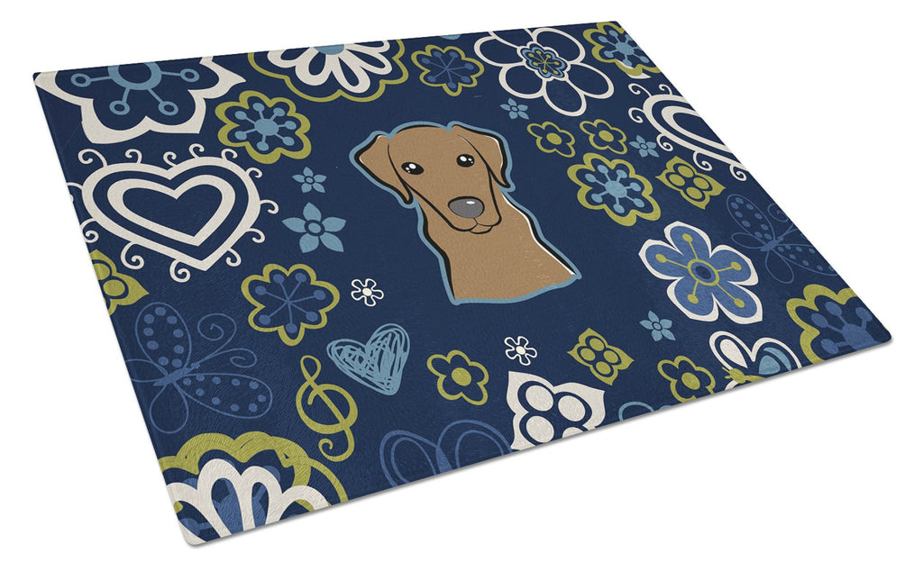 Blue Flowers Chocolate Labrador Cutting Board Tempered Glass Kitchen Cutting Surface, Heat Resistant Chopping, Non-Slip Feet, Food Prep & Serving