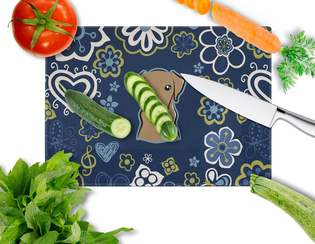 Blue Flowers Chocolate Labrador Cutting Board Tempered Glass Kitchen Cutting Surface, Heat Resistant Chopping, Non-Slip Feet, Food Prep & Serving
