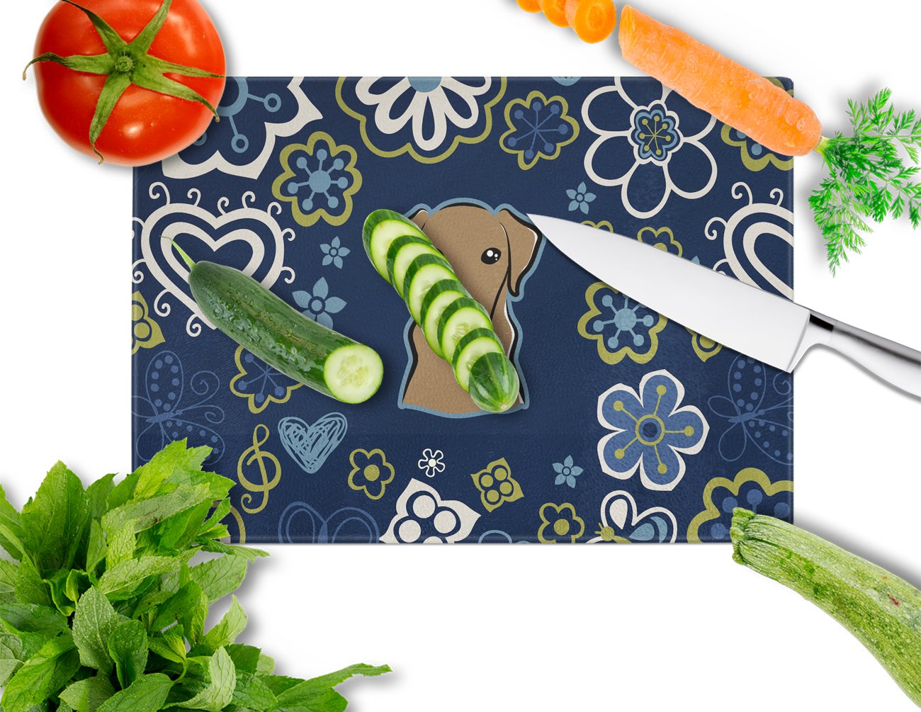 Blue Flowers Chocolate Labrador Cutting Board Tempered Glass Kitchen Cutting Surface, Heat Resistant Chopping, Non-Slip Feet, Food Prep & Serving