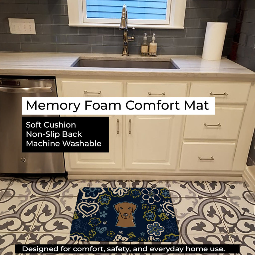 Blue Flowers Chocolate Labrador Memory Foam Kitchen Mat Machine Washable Anti-Fatigue Cushion Comfort Bath or Kitchen Rug
