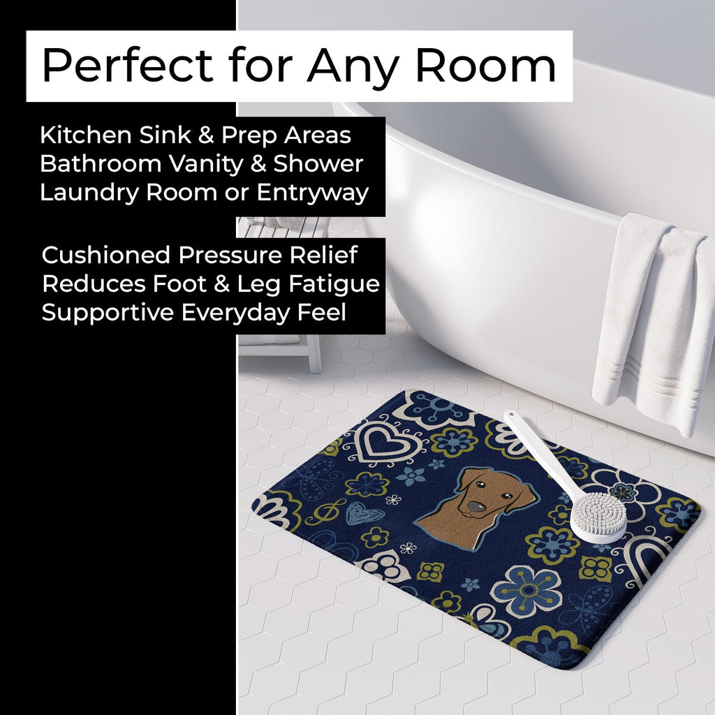 Blue Flowers Chocolate Labrador Memory Foam Kitchen Mat Machine Washable Anti-Fatigue Cushion Comfort Bath or Kitchen Rug