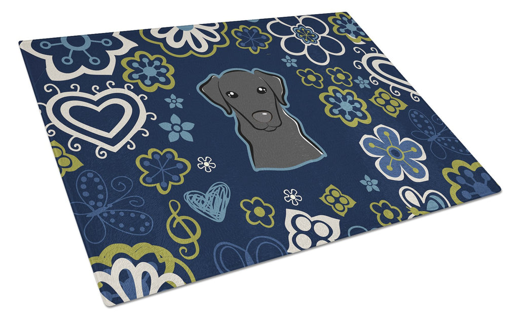 Blue Flowers Black Labrador Cutting Board Tempered Glass Kitchen Cutting Surface, Heat Resistant Chopping, Non-Slip Feet, Food Prep & Serving