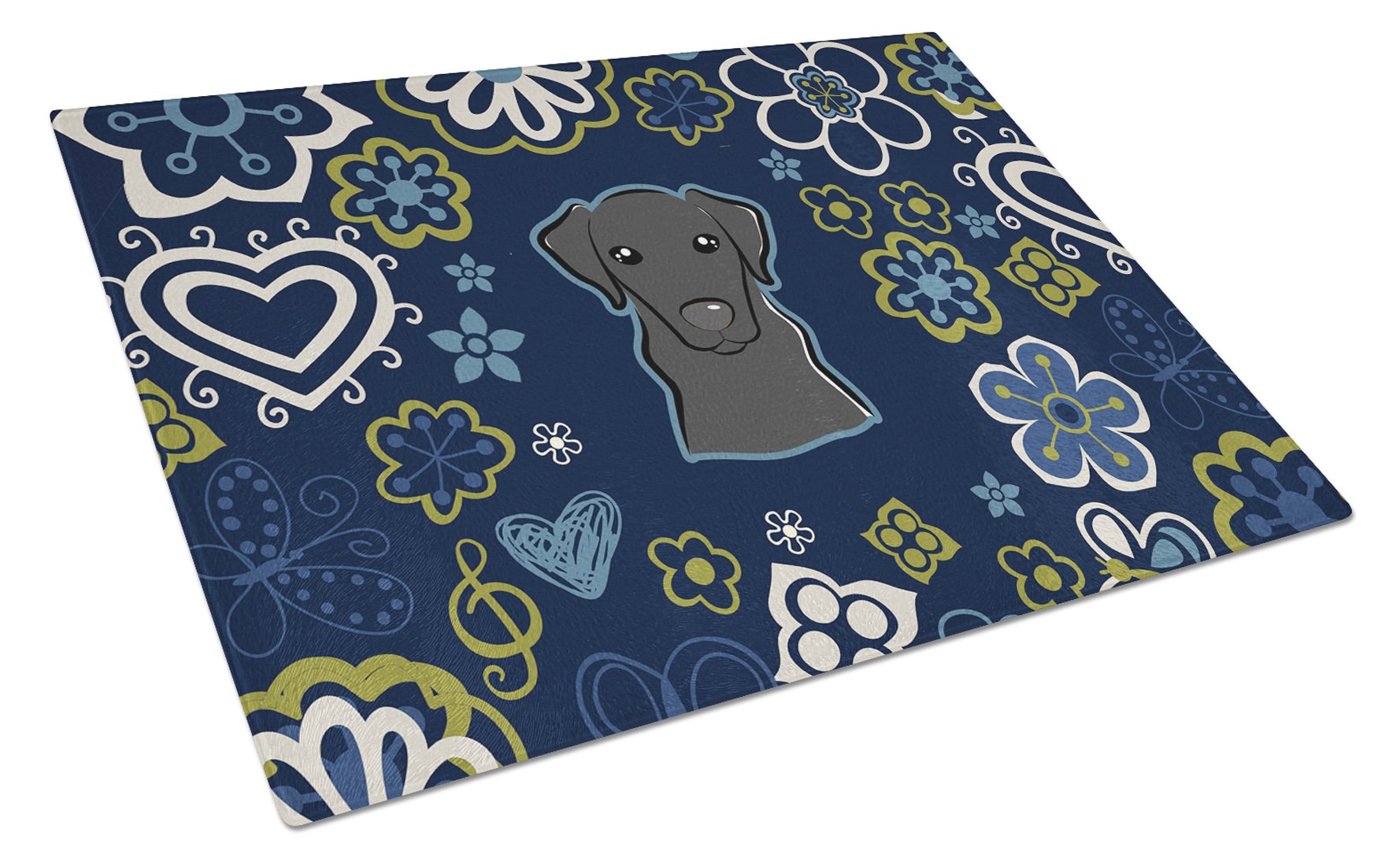 Blue Flowers Black Labrador Cutting Board Tempered Glass Kitchen Cutting Surface, Heat Resistant Chopping, Non-Slip Feet, Food Prep & Serving