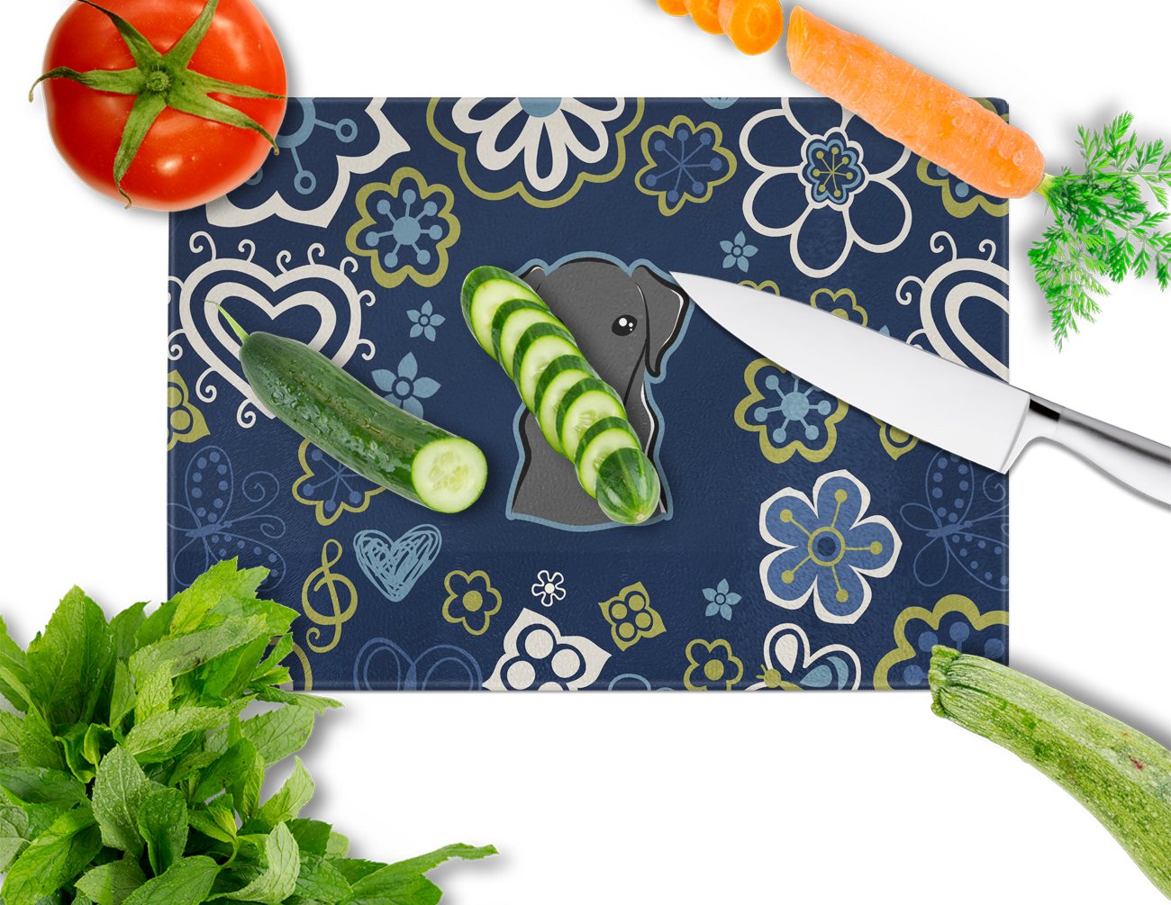 Blue Flowers Black Labrador Cutting Board Tempered Glass Kitchen Cutting Surface, Heat Resistant Chopping, Non-Slip Feet, Food Prep & Serving