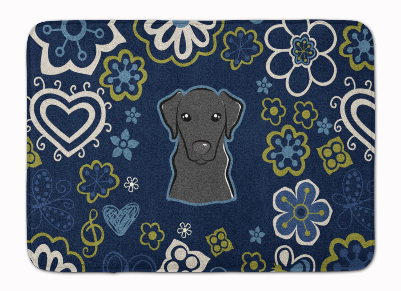Blue Flowers Black Labrador Memory Foam Kitchen Mat Machine Washable Anti-Fatigue Cushion Comfort Bath or Kitchen Rug