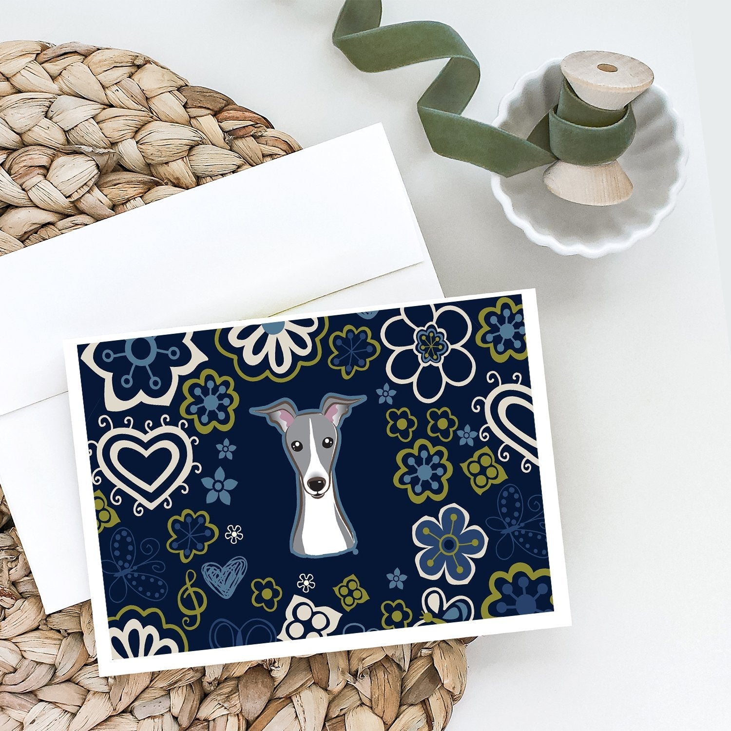 Blue Flowers Italian Greyhound Greeting Cards Pack of 8 Blank Cards with Envelopes Whimsical A7 Size 5x7