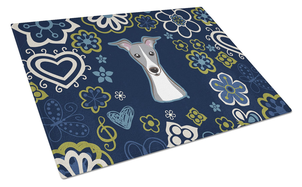 Blue Flowers Italian Greyhound Cutting Board Tempered Glass Kitchen Cutting Surface, Heat Resistant Chopping, Non-Slip Feet, Food Prep & Serving