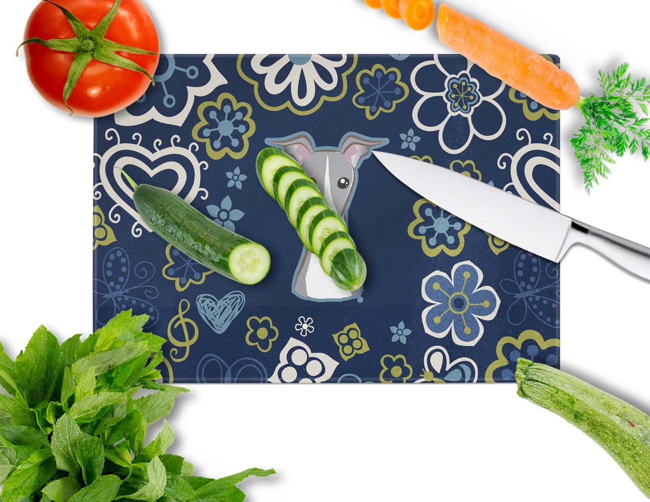 Blue Flowers Italian Greyhound Cutting Board Tempered Glass Kitchen Cutting Surface, Heat Resistant Chopping, Non-Slip Feet, Food Prep & Serving