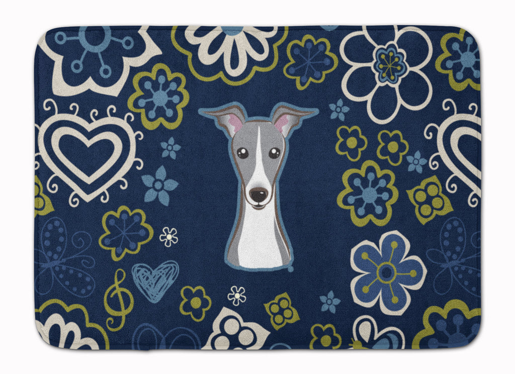 Blue Flowers Italian Greyhound Memory Foam Kitchen Mat Machine Washable Anti-Fatigue Cushion Comfort Bath or Kitchen Rug