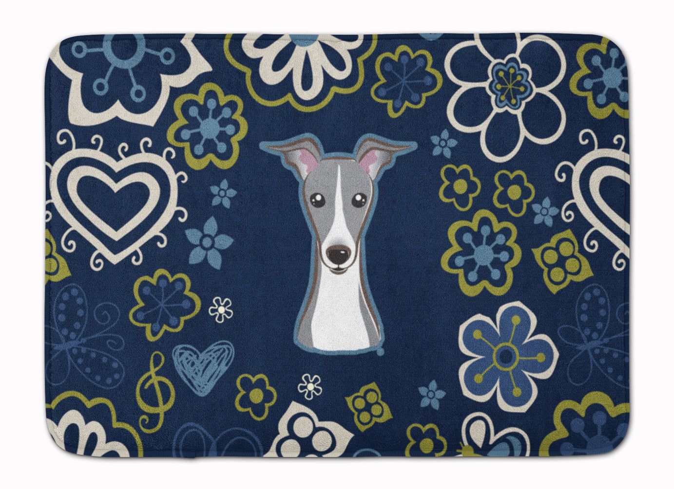 Blue Flowers Italian Greyhound Memory Foam Kitchen Mat Machine Washable Anti-Fatigue Cushion Comfort Bath or Kitchen Rug