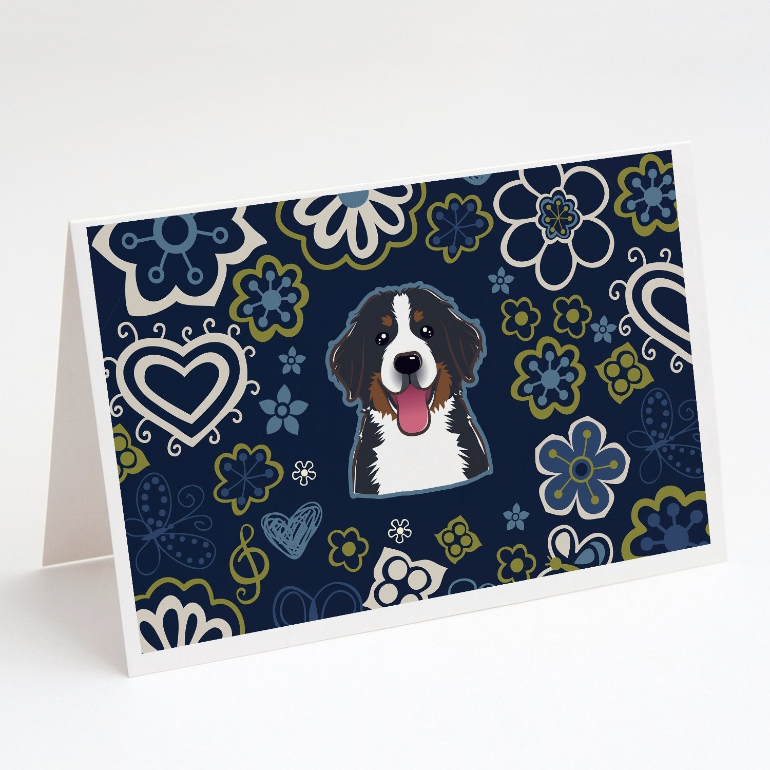 Blue Flowers Bernese Mountain Dog Greeting Cards Pack of 8 Blank Cards with Envelopes Whimsical A7 Size 5x7