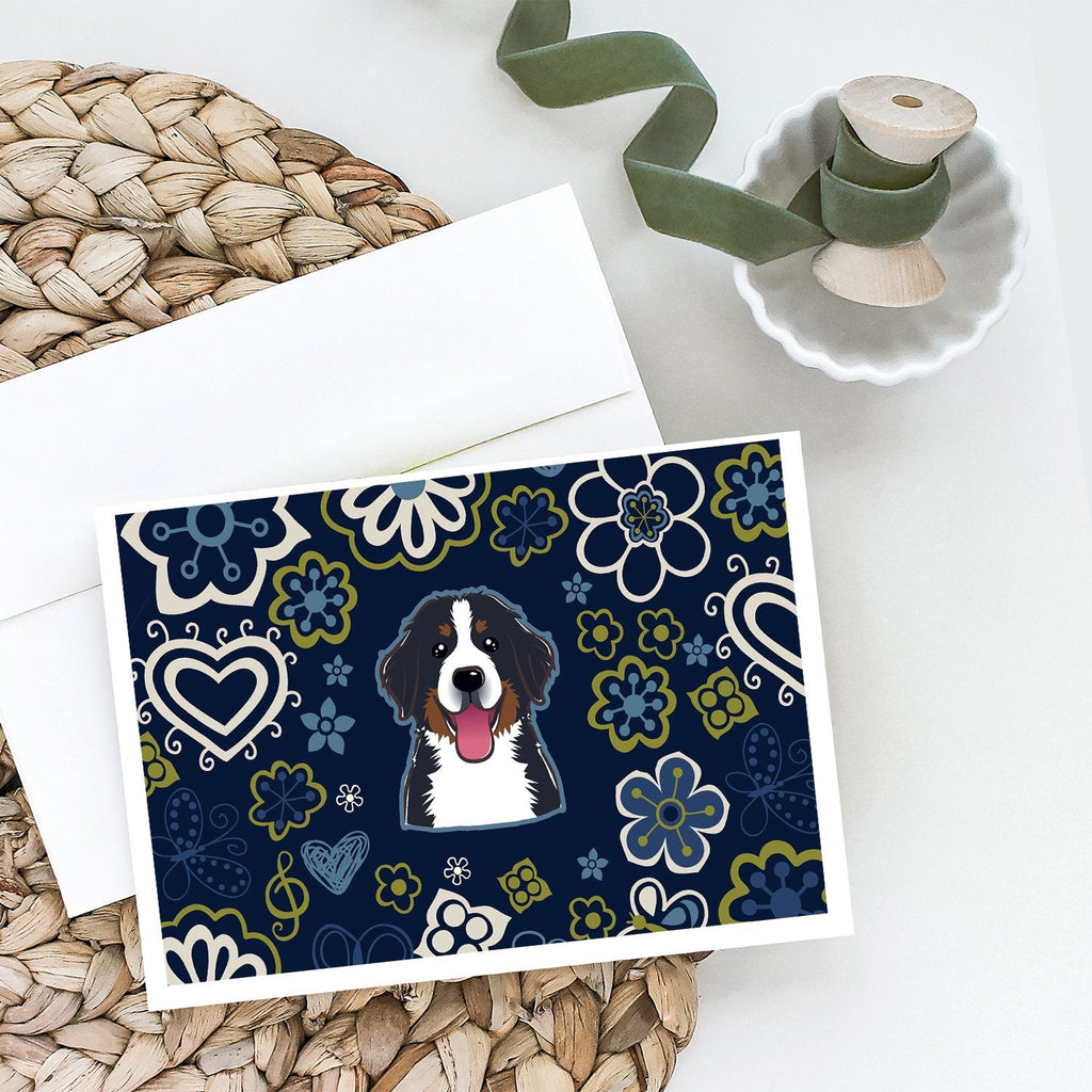 Blue Flowers Bernese Mountain Dog Greeting Cards Pack of 8 Blank Cards with Envelopes Whimsical A7 Size 5x7