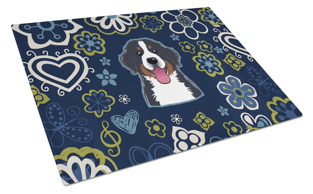 Blue Flowers Bernese Mountain Dog Cutting Board Tempered Glass Kitchen Cutting Surface, Heat Resistant Chopping, Non-Slip Feet, Food Prep & Serving
