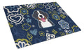 Blue Flowers Bernese Mountain Dog Cutting Board Tempered Glass Kitchen Cutting Surface, Heat Resistant Chopping, Non-Slip Feet, Food Prep & Serving