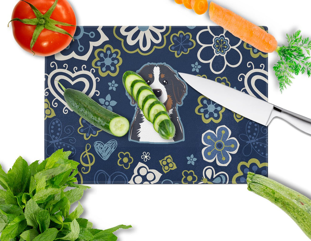 Blue Flowers Bernese Mountain Dog Cutting Board Tempered Glass Kitchen Cutting Surface, Heat Resistant Chopping, Non-Slip Feet, Food Prep & Serving