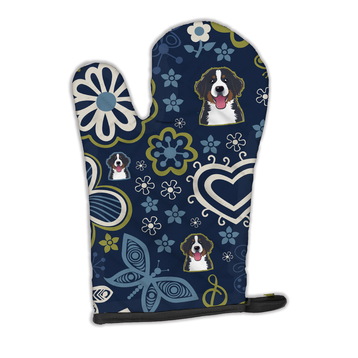 Blue Flowers Bernese Mountain Dog Oven Mitt Heat Resistant Thick Oven Mitt for Hot Pans and Oven, Kitchen Mitt Protect Hands, Cooking Baking Glove