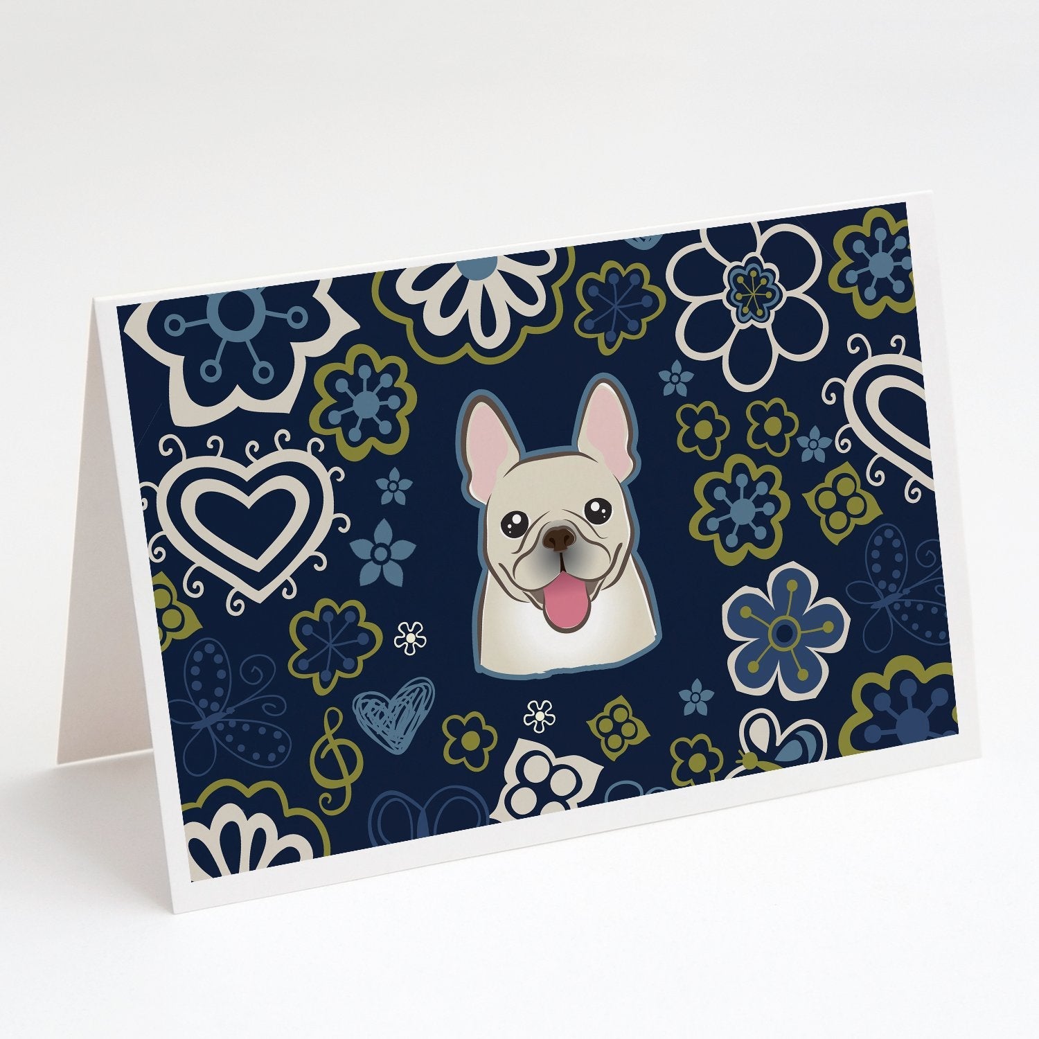 Blue Flowers French Bulldog Greeting Cards Pack of 8 Blank Cards with Envelopes Whimsical A7 Size 5x7