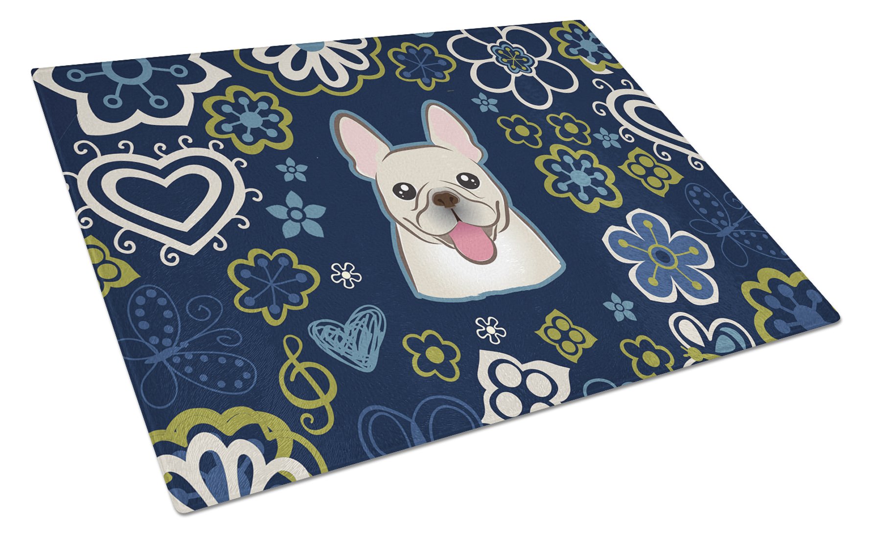 Blue Flowers French Bulldog Cutting Board Tempered Glass Kitchen Cutting Surface, Heat Resistant Chopping, Non-Slip Feet, Food Prep & Serving