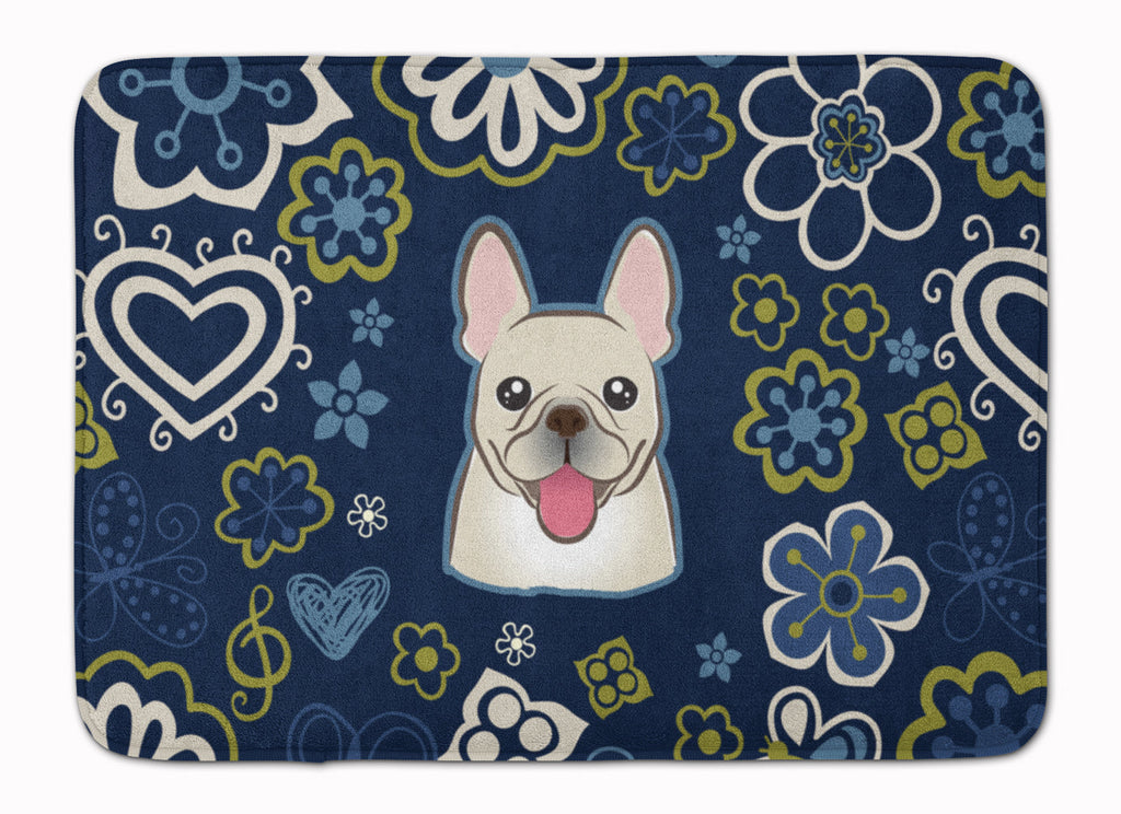 Blue Flowers French Bulldog Memory Foam Kitchen Mat Machine Washable Anti-Fatigue Cushion Comfort Bath or Kitchen Rug