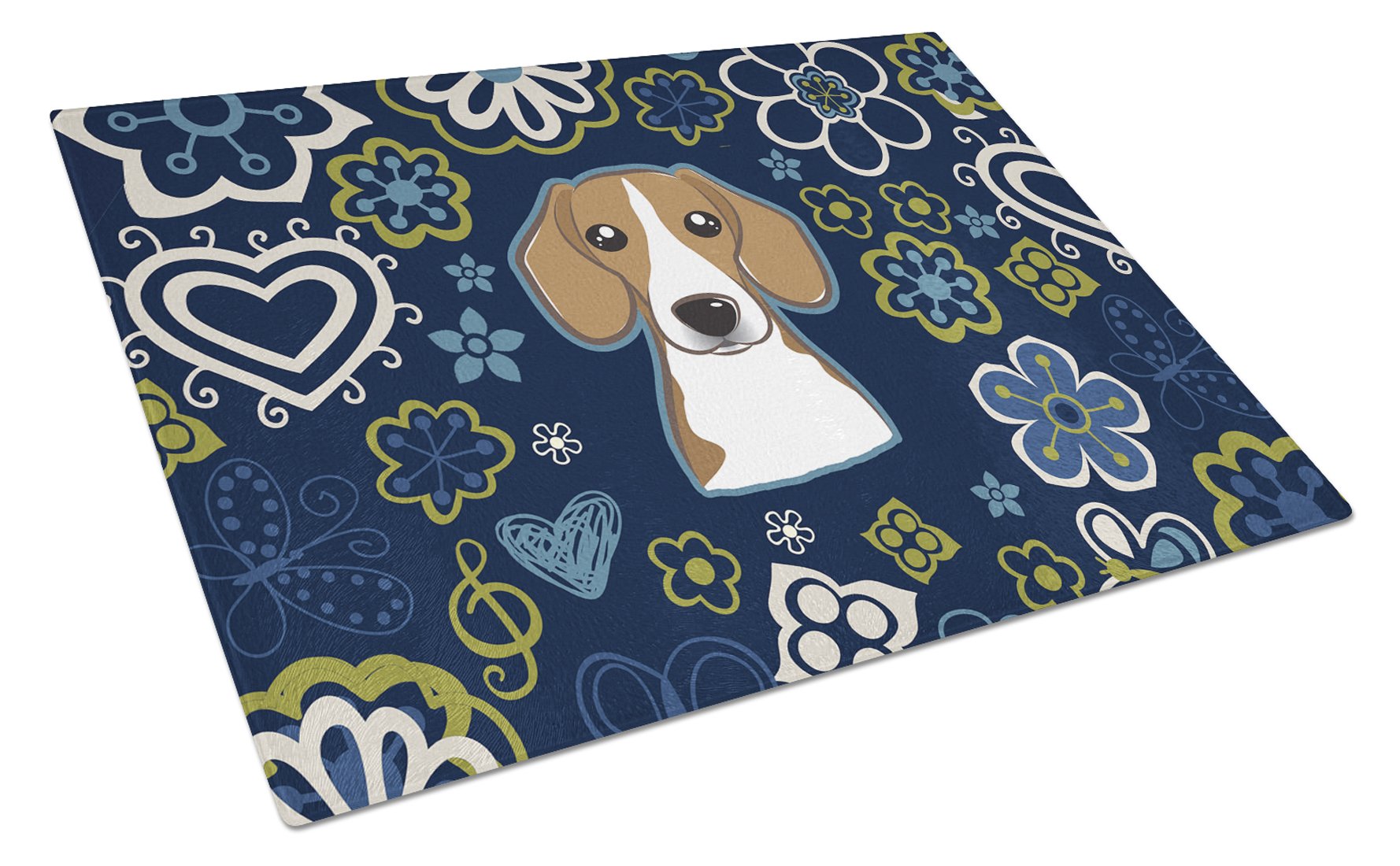 Blue Flowers Beagle Cutting Board Tempered Glass Kitchen Cutting Surface, Heat Resistant Chopping, Non-Slip Feet, Food Prep & Serving