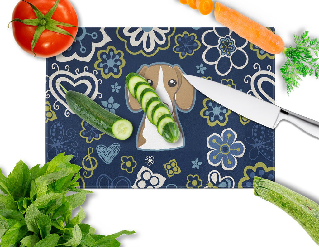 Blue Flowers Beagle Cutting Board Tempered Glass Kitchen Cutting Surface, Heat Resistant Chopping, Non-Slip Feet, Food Prep & Serving