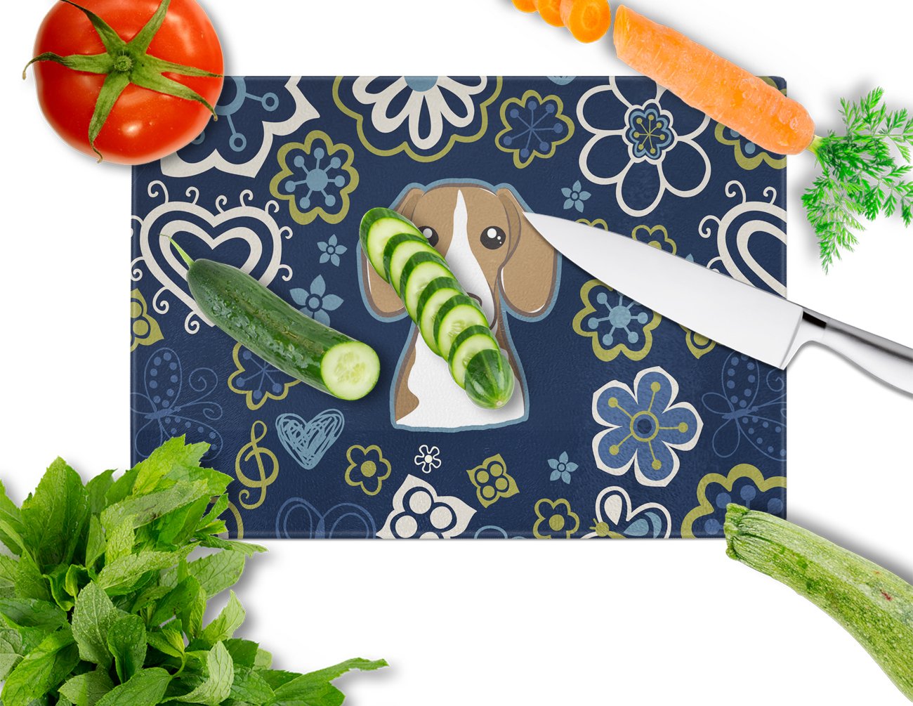 Blue Flowers Beagle Cutting Board Tempered Glass Kitchen Cutting Surface, Heat Resistant Chopping, Non-Slip Feet, Food Prep & Serving