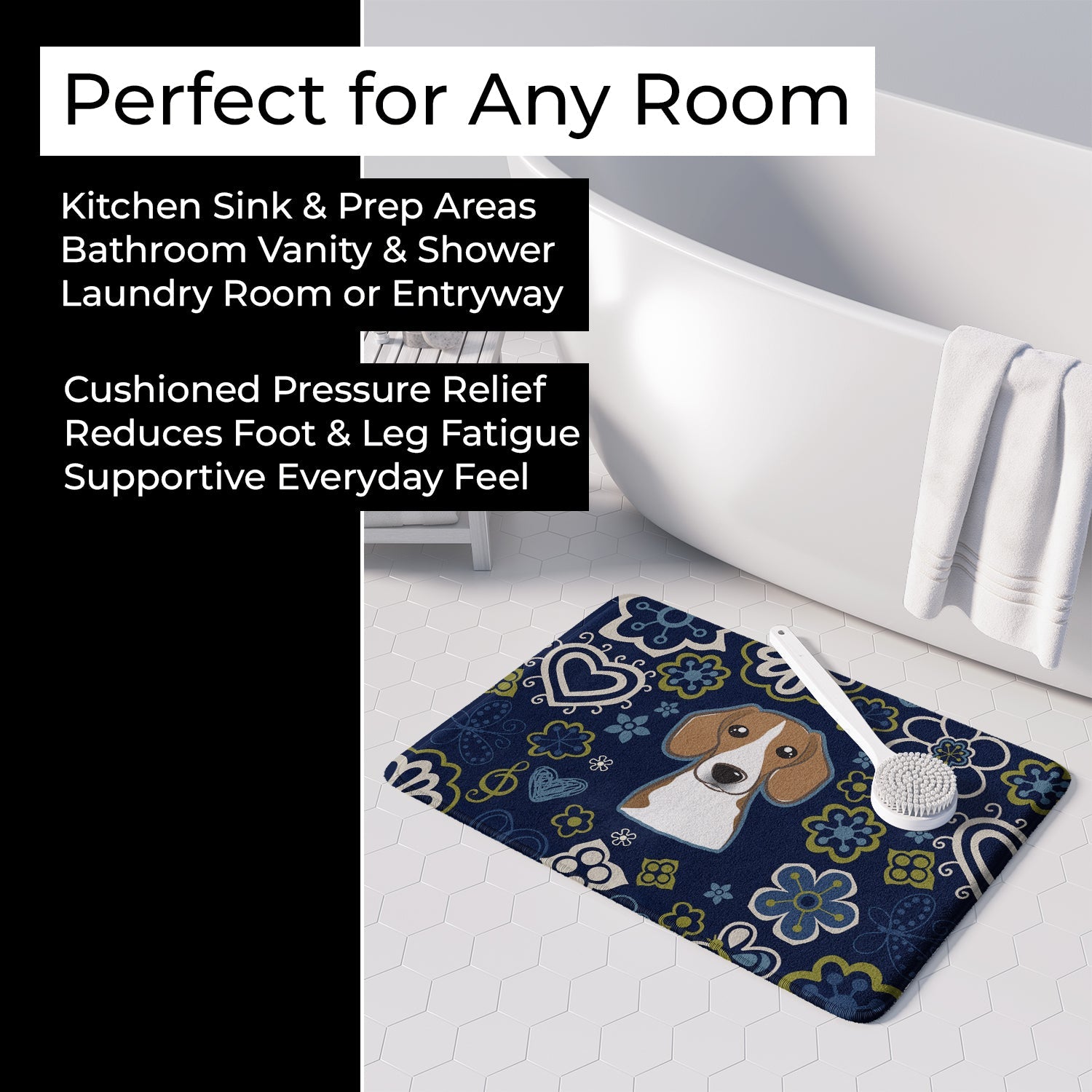 Blue Flowers Beagle Memory Foam Kitchen Mat Machine Washable Anti-Fatigue Cushion Comfort Bath or Kitchen Rug