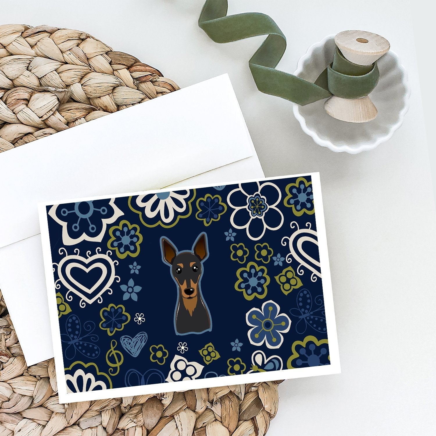 Blue Flowers Min Pin Greeting Cards Pack of 8 Blank Cards with Envelopes Whimsical A7 Size 5x7