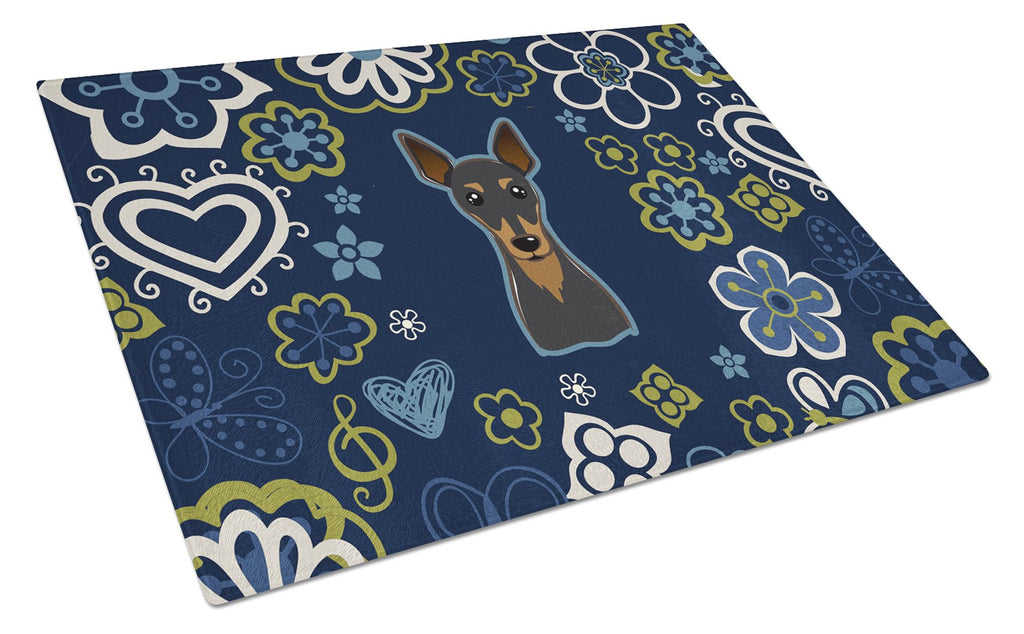 Blue Flowers Min Pin Cutting Board Tempered Glass Kitchen Cutting Surface, Heat Resistant Chopping, Non-Slip Feet, Food Prep & Serving