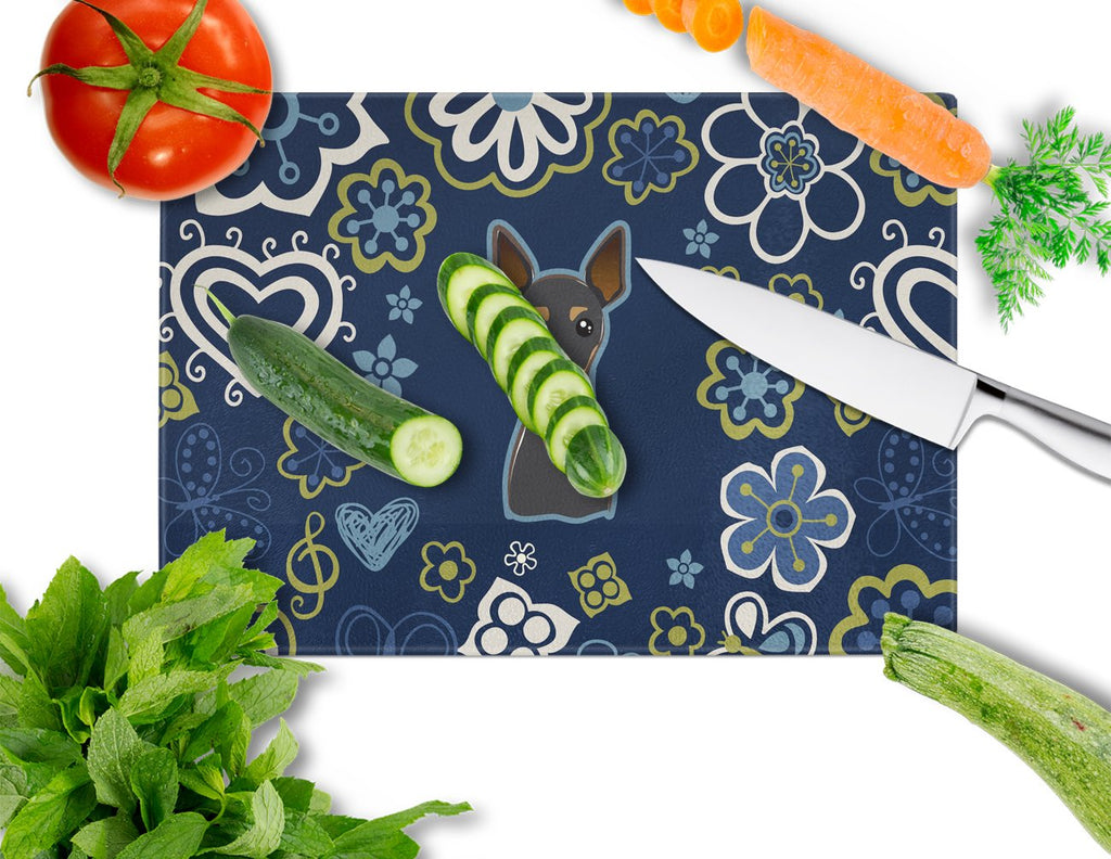 Blue Flowers Min Pin Cutting Board Tempered Glass Kitchen Cutting Surface, Heat Resistant Chopping, Non-Slip Feet, Food Prep & Serving