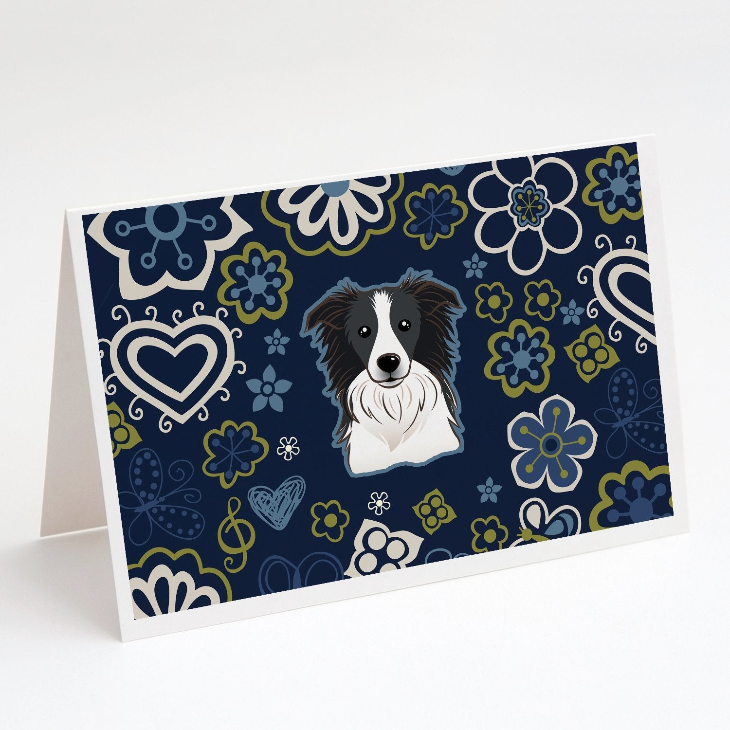 Blue Flowers Border Collie Greeting Cards Pack of 8 Blank Cards with Envelopes Whimsical A7 Size 5x7