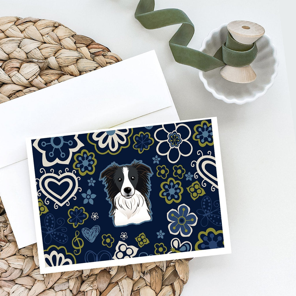 Blue Flowers Border Collie Greeting Cards Pack of 8 Blank Cards with Envelopes Whimsical A7 Size 5x7