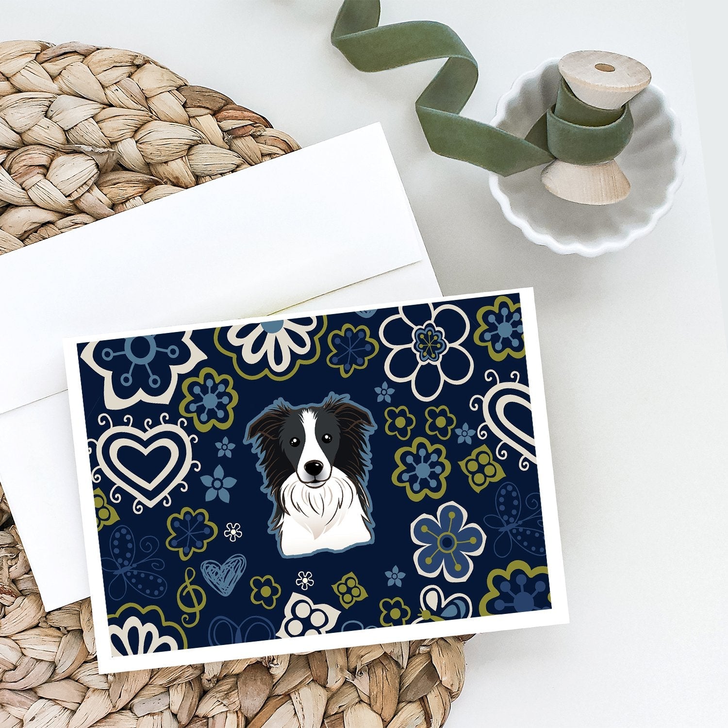 Blue Flowers Border Collie Greeting Cards Pack of 8 Blank Cards with Envelopes Whimsical A7 Size 5x7
