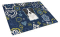 Blue Flowers Border Collie Cutting Board Tempered Glass Kitchen Cutting Surface, Heat Resistant Chopping, Non-Slip Feet, Food Prep & Serving