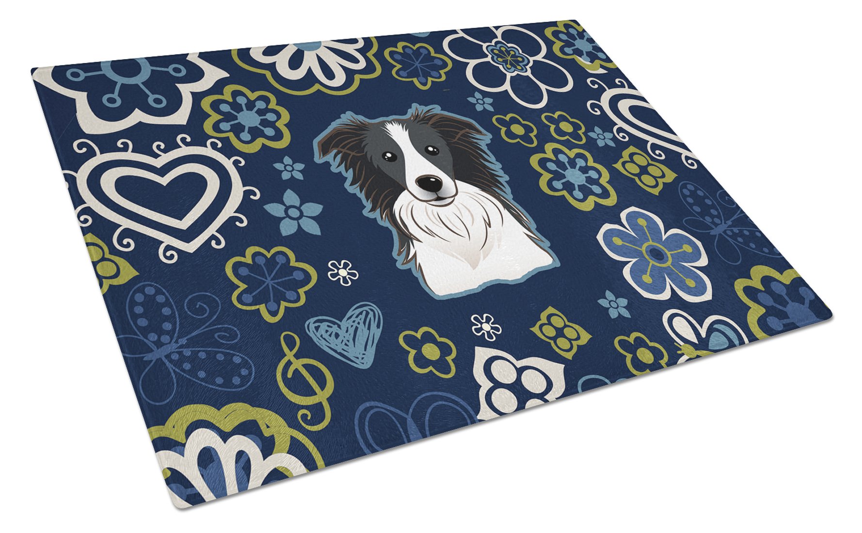 Blue Flowers Border Collie Cutting Board Tempered Glass Kitchen Cutting Surface, Heat Resistant Chopping, Non-Slip Feet, Food Prep & Serving